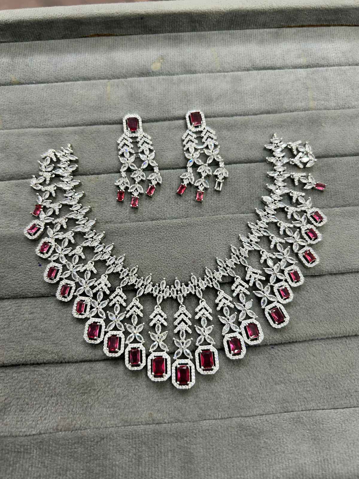 Wedding Silver Plated Layered American Dimond Floral Choker Earring Set
