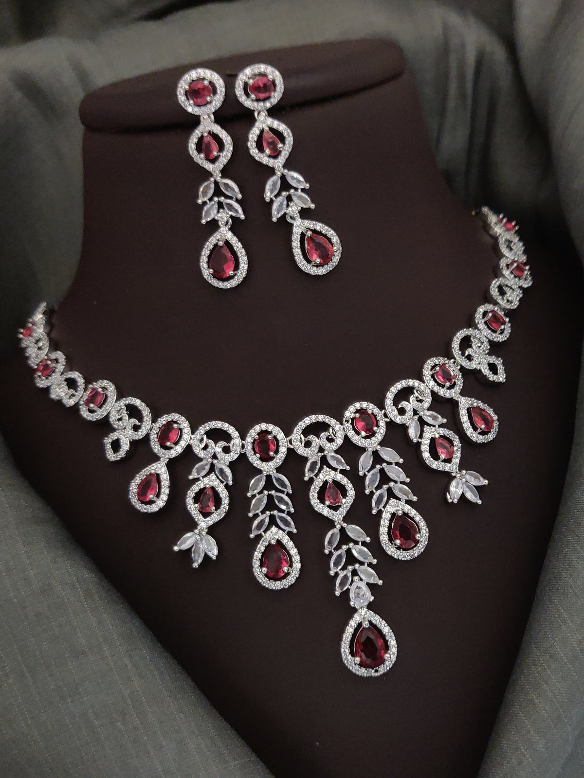 Indian Silver Plated CZ Multi Layer Necklace Earring Set For Wedding