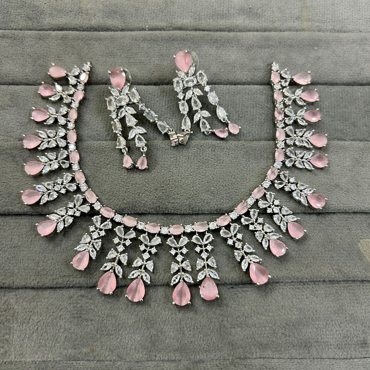 Silver Tone CZ AD Flower Design Bridal Choker Earring Set For Wedding