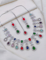 Indian Flower Design Silver Plated AD CZ Choker Earring Mangtikka Set