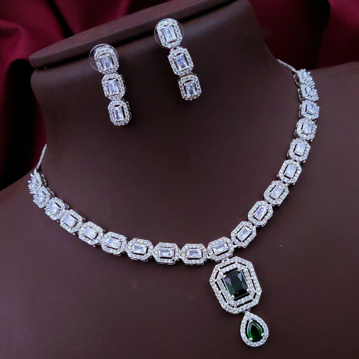 Bridal Wedding Silver Plated Squaral Shaped AD CZ Stone Necklace Earring Set