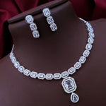 Bridal Wedding Silver Plated Squaral Shaped AD CZ Stone Necklace Earring Set