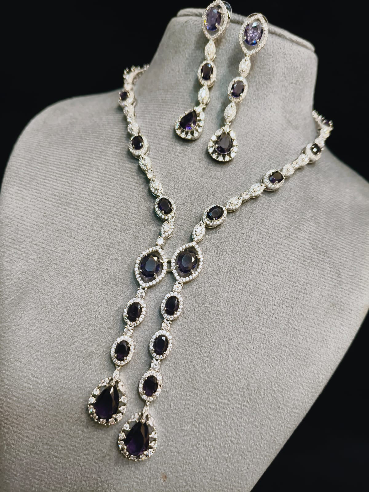 Indian Statement Bridal AD Silver Plated Necklace Earring Set For Wedding