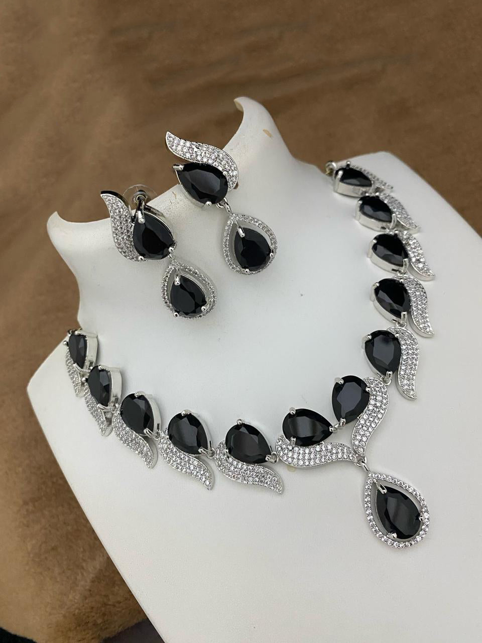 Pakistani Teardop CZ Silver Plated AD Necklace Earring Set For Wedding