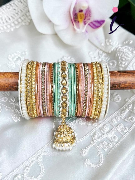 Pink & Mint Bridal Jhumki Bangles Set, Stones Pearl work, Wedding bangles, Indian Jewelry