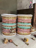 Pink & Mint Bridal Jhumki Bangles Set, Stones Pearl work, Wedding bangles, Indian Jewelry