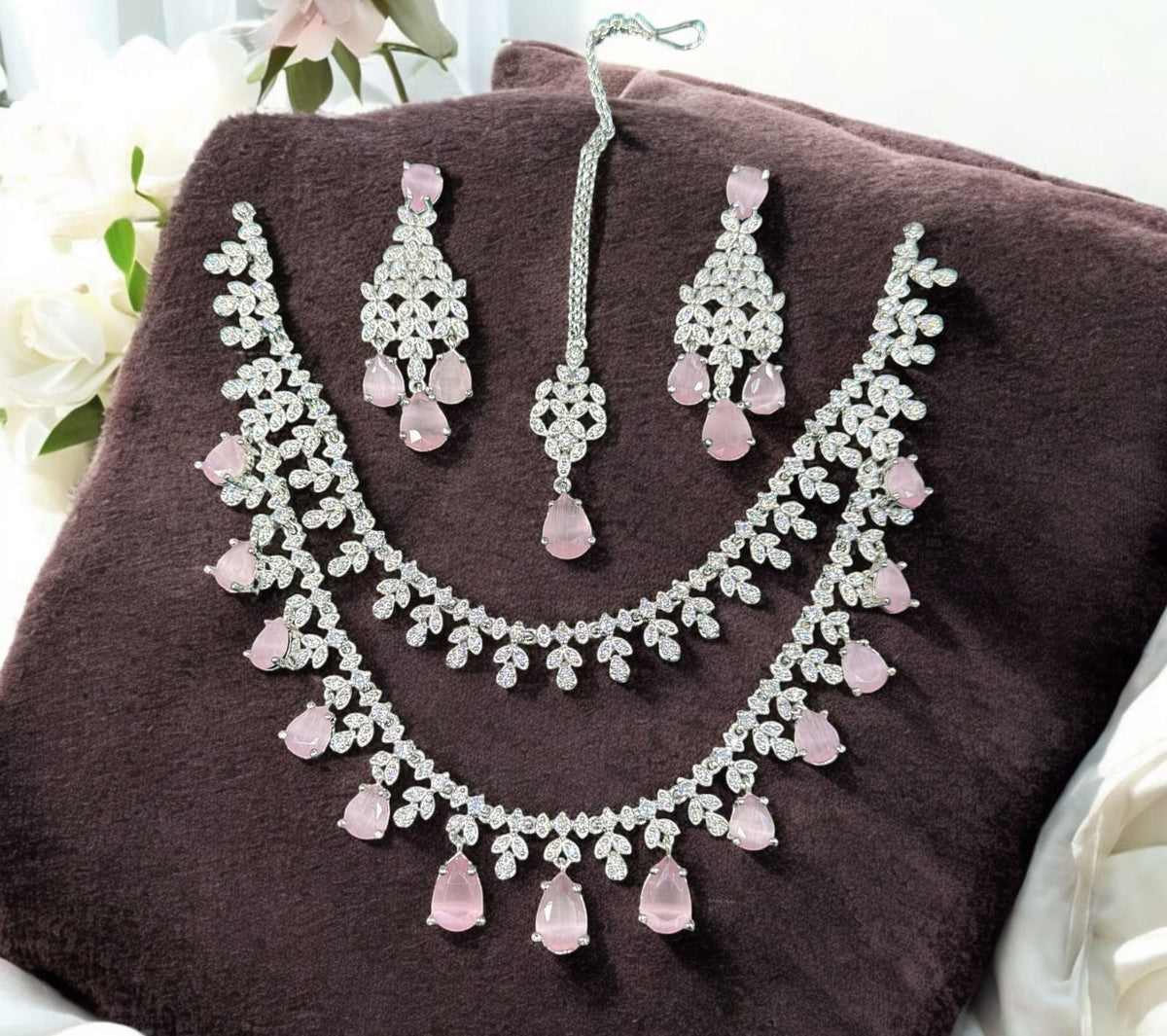 Floral Double Layer AD Choker Earrings Set | Kundan Jewelry | AD Jewelry | Indian Jewelry | Traditional Jewelry