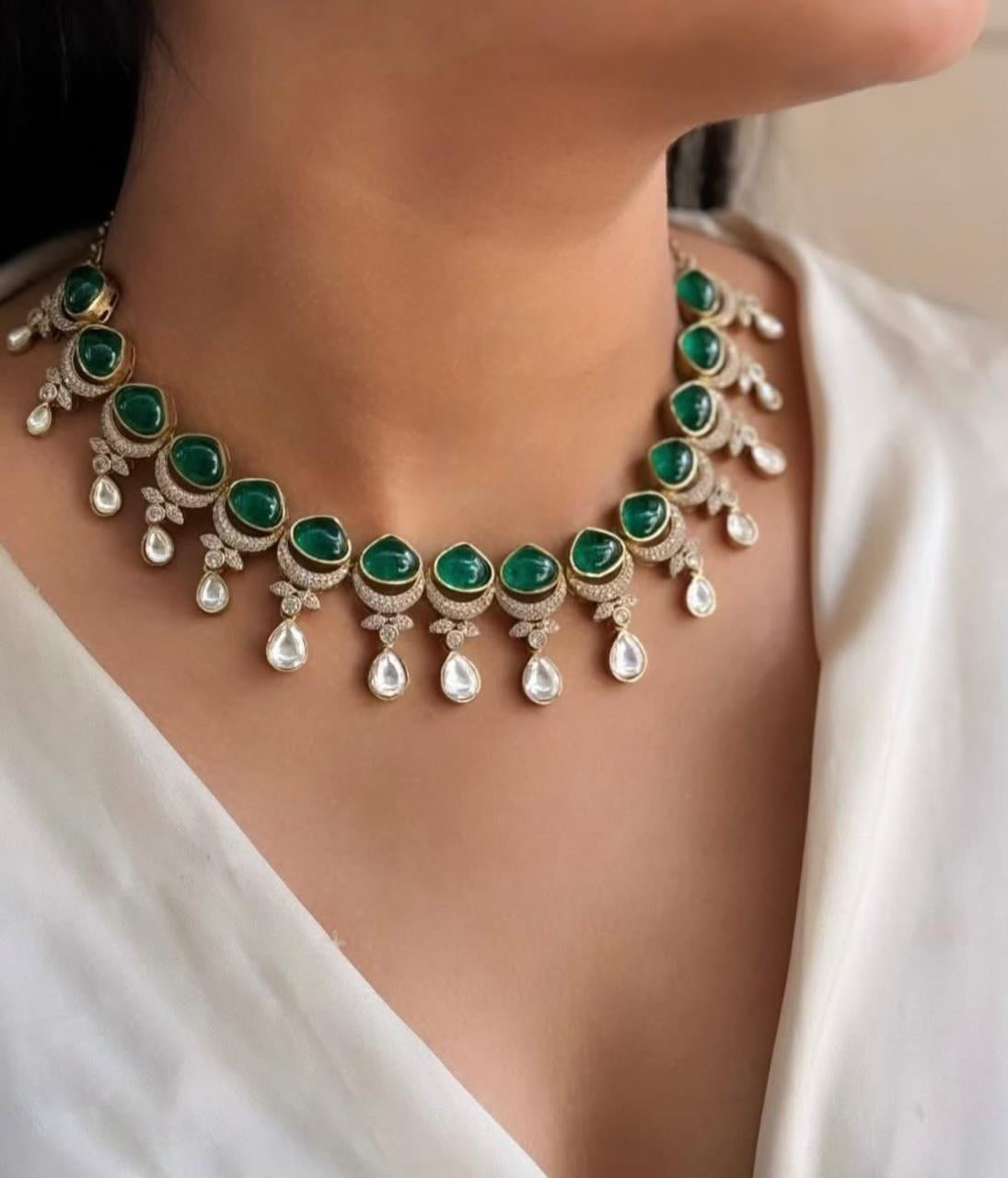 Indian Floral Design Green Stylish Polki Choker Earring Set For Women