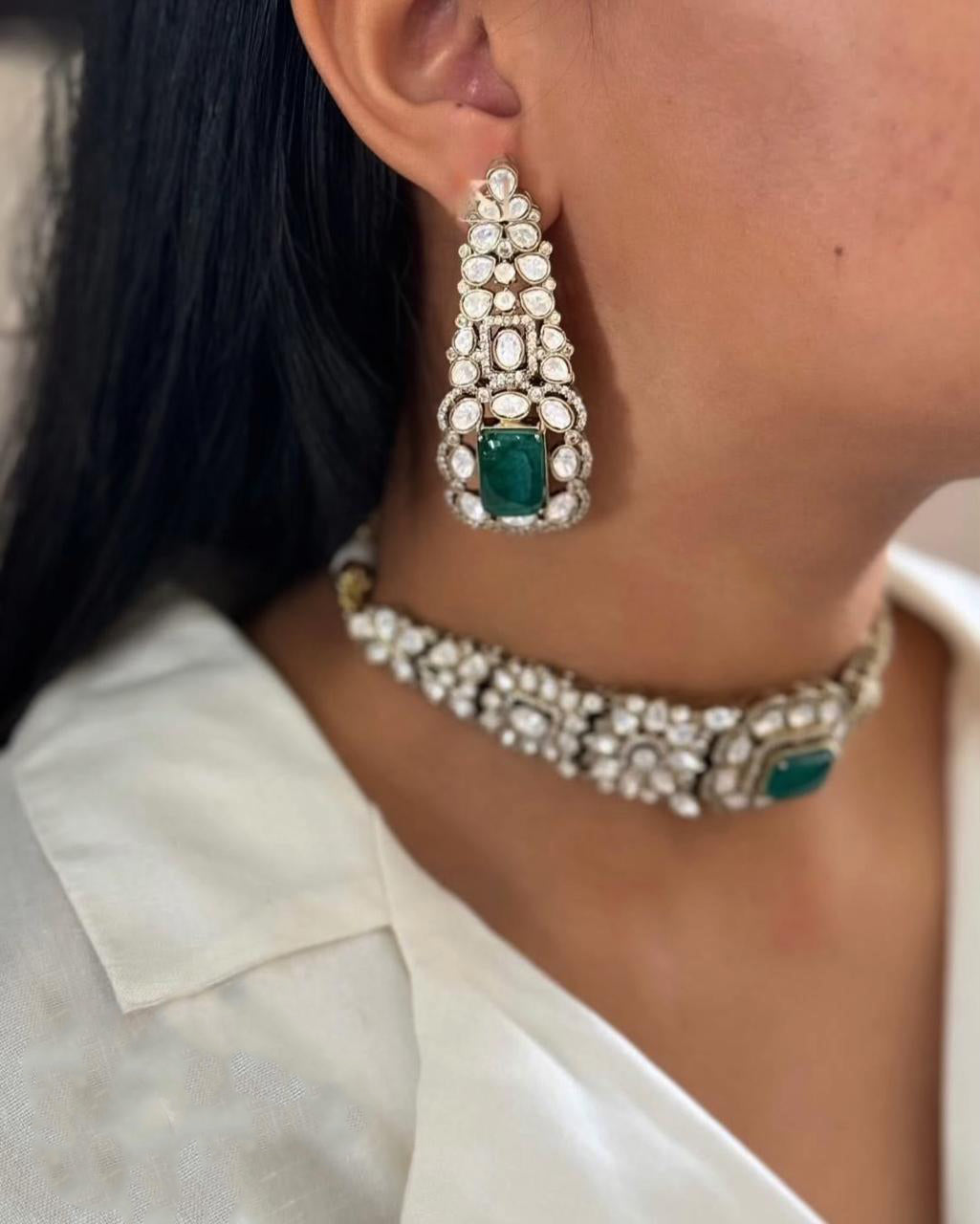 Pakistani Flower Design Polki Wedding Choker Earring Set