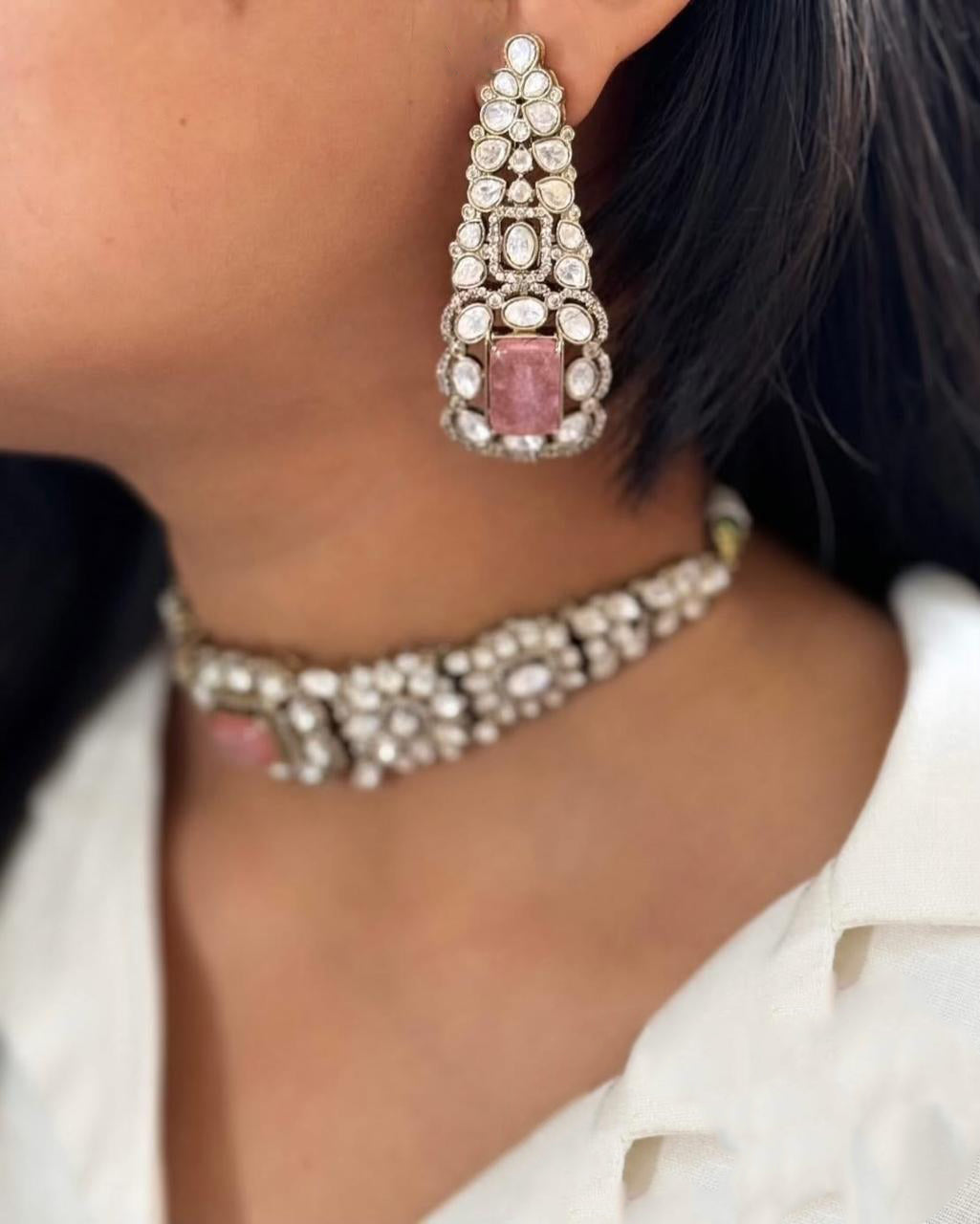 Pakistani Flower Design Polki Wedding Choker Earring Set