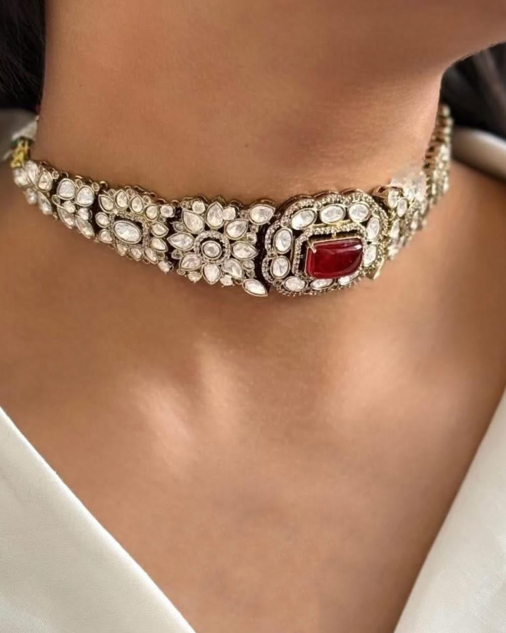 Pakistani Flower Design Polki Wedding Choker Earring Set