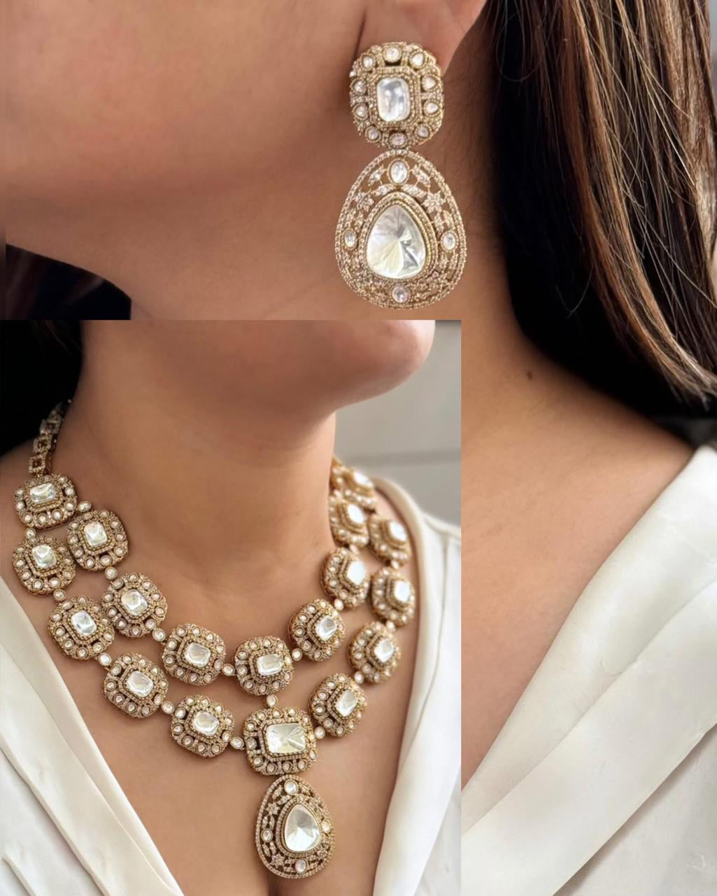 Indian Bridal Double Layer Gold Plated Polki Choker Earring Set