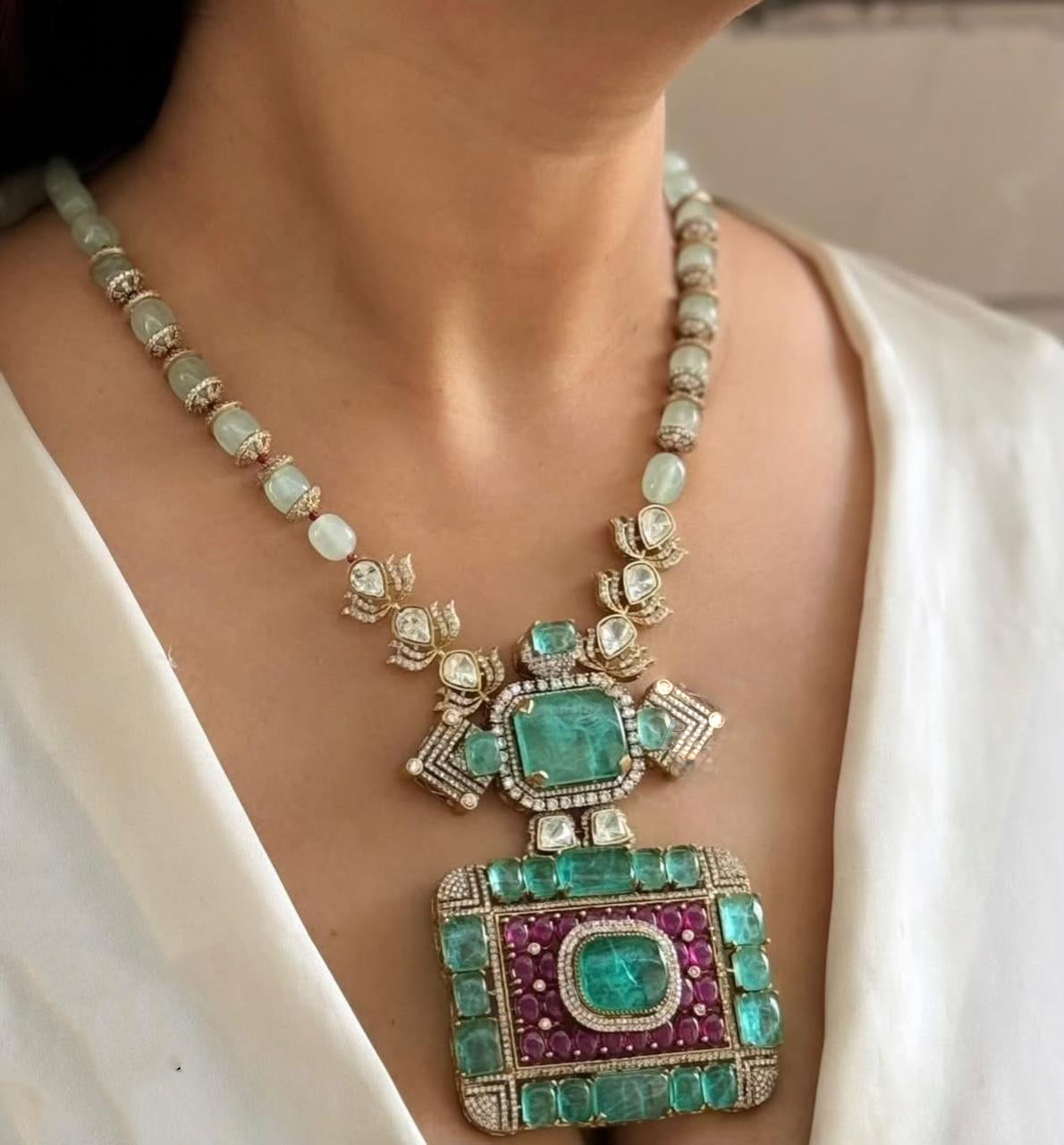 Indian Royal Squaral Mint Polki Necklace Earring Set For Wedding