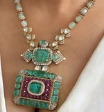 Indian Royal Squaral Mint Polki Necklace Earring Set For Wedding