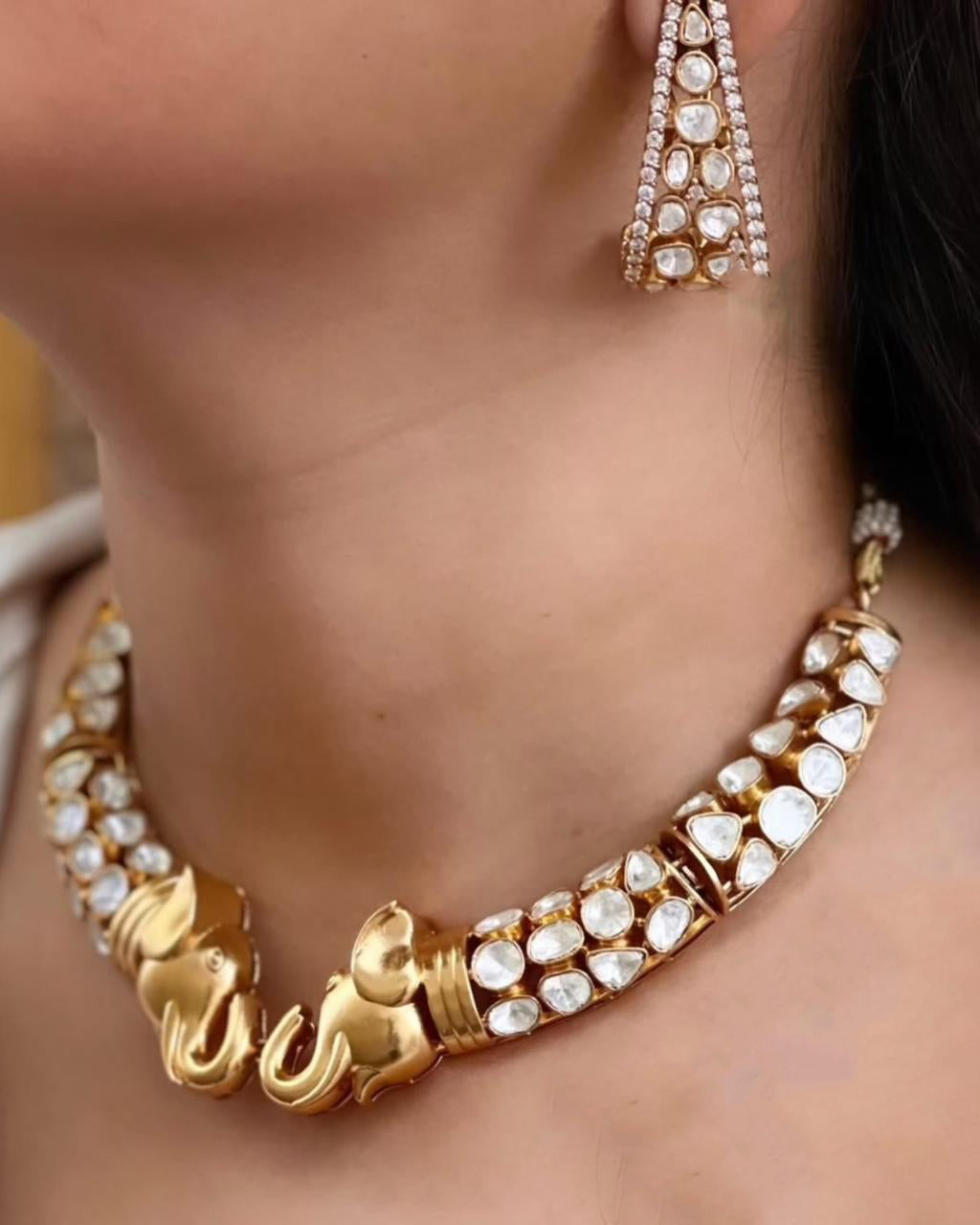 Indian Elephant Design Gold Plated Polki Choker Earring Set For Wedding