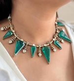 Emerald Green Statement Necklace Set – Geometric Gemstone Choker & Earrings for Women