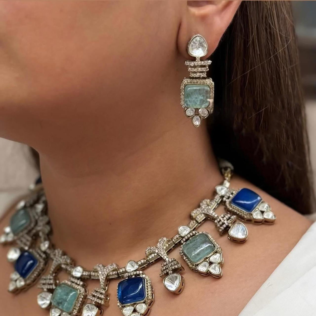 Handcrafted Indian Traditional Polki Choker Earring Set For Wedding