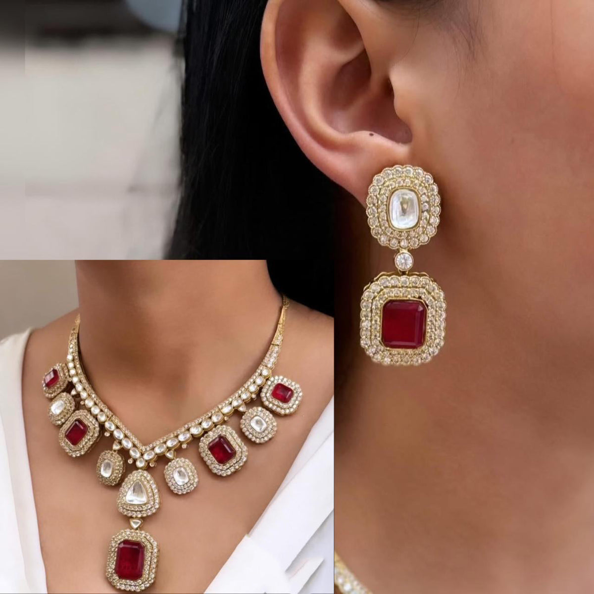 Indian Gold Plated Ethnic Polki Necklace Earring Set For Bridal Wedding