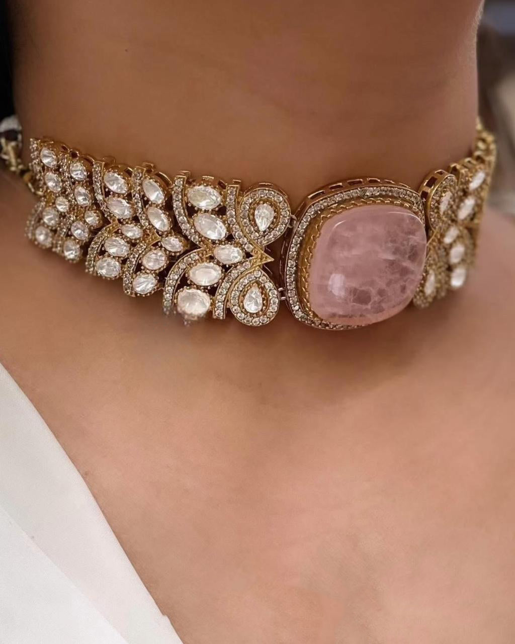 Pink Stone Choker Necklace & Stud Earrings Set – Polki Kundan Bridal Jewelry