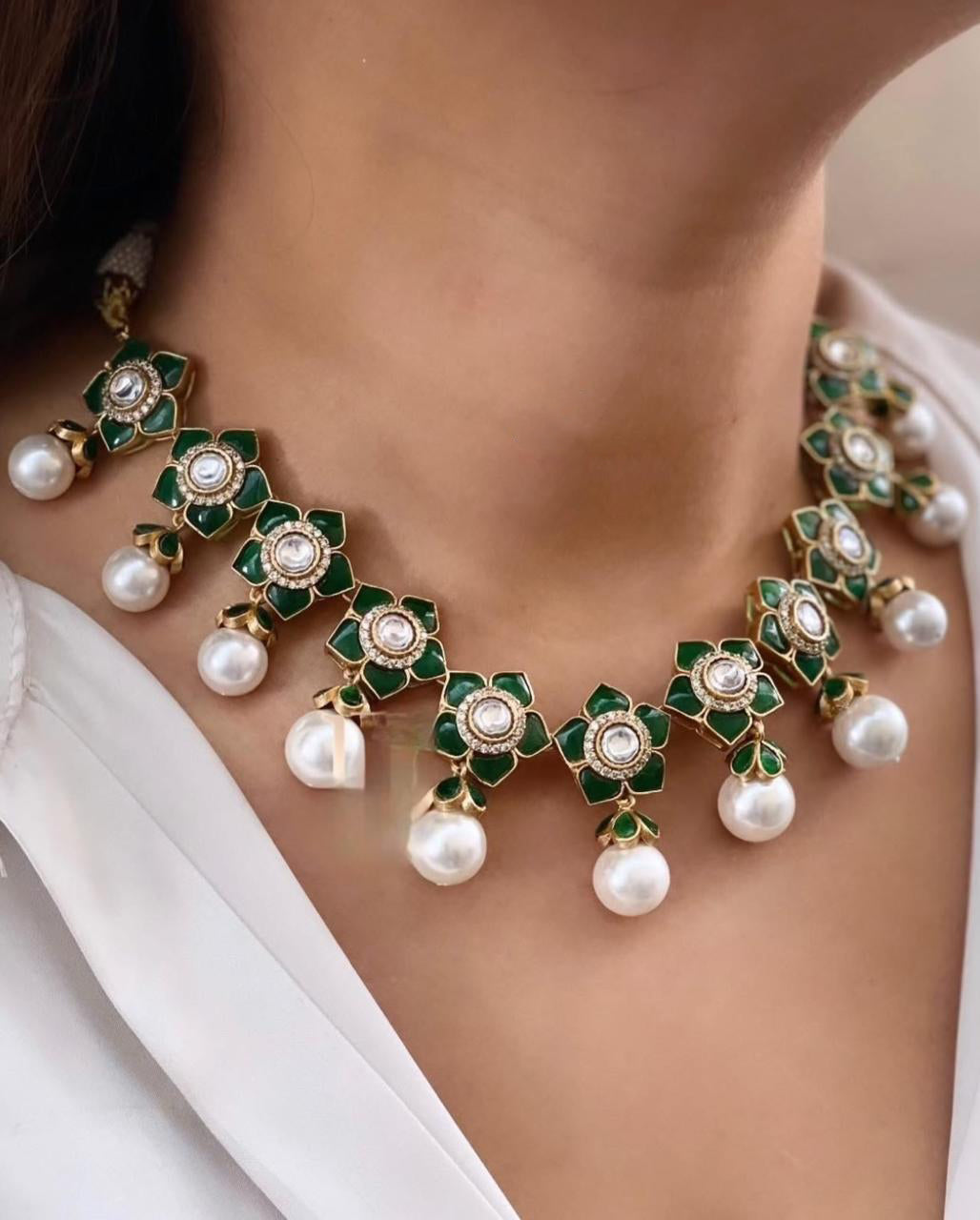 Green Flower Design Polki Kundan Choker Earring Set For Bridal Wedding