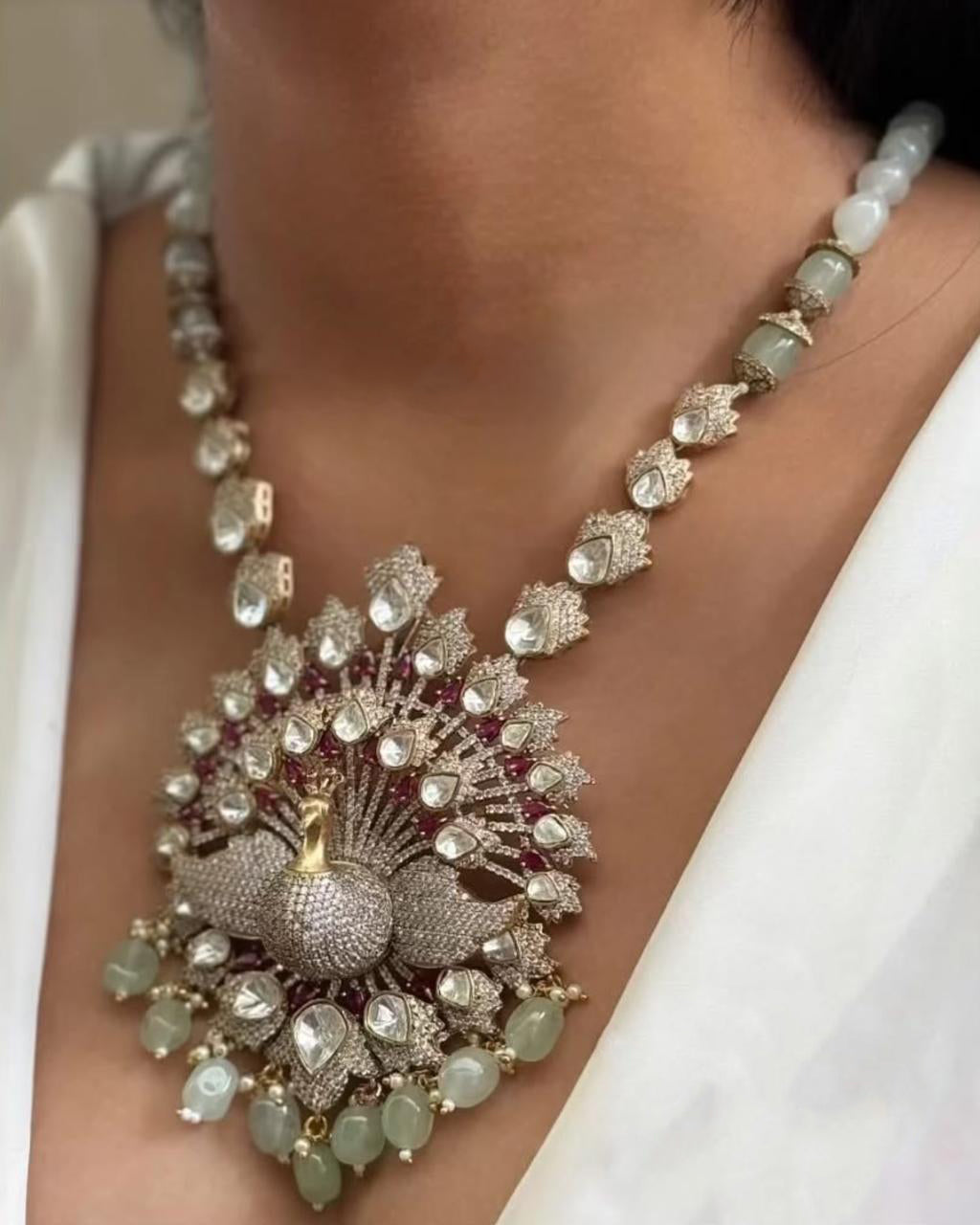 Peacock Design Indian Handmade Polki Necklace Earring Set For Wedding