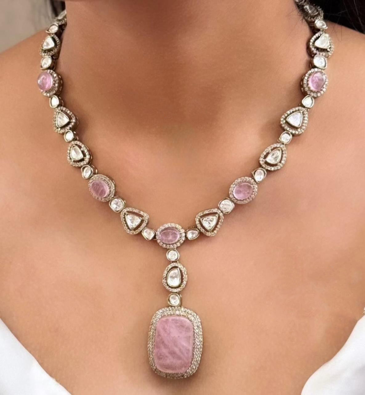 Pink Squaral Shaped Indian Polki Necklace Earring Set Indian Jewelry