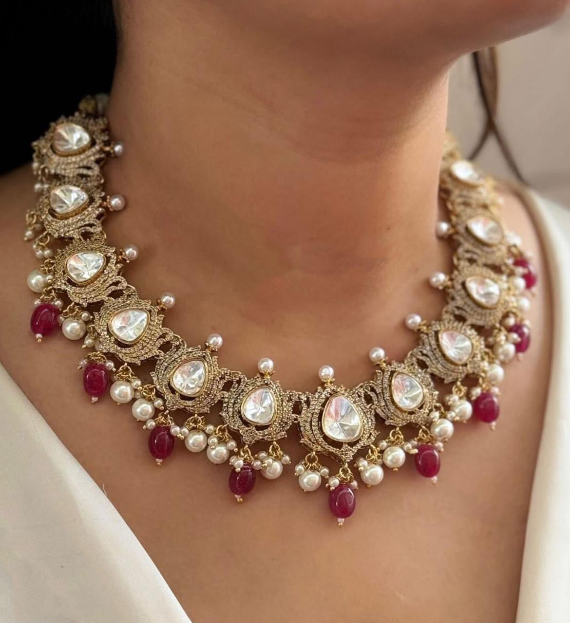 Pakistani Traditional Gold Plated Polki Bridal Choker Earring Set