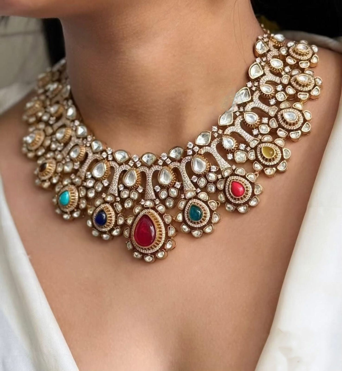 Multicolor Ethnic Floral Teardrop Polki Choker Earring Set For Wedding