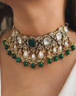 Punjabi Green Gold Plated Floral Polki Choker Earring Set For Wedding