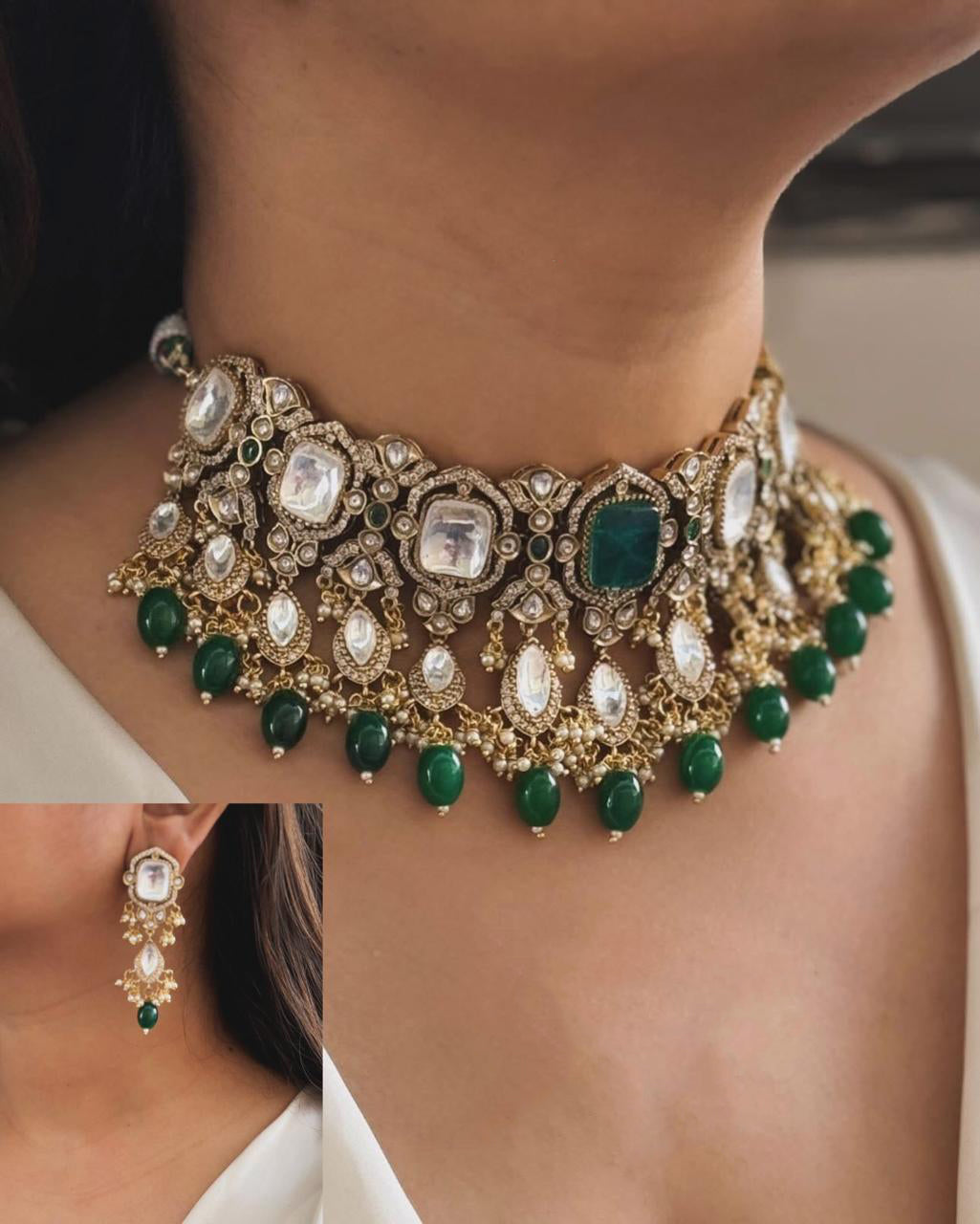 Punjabi Green Gold Plated Floral Polki Choker Earring Set For Wedding