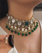 Punjabi Green Gold Plated Floral Polki Choker Earring Set For Wedding