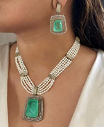 Emerald Green Bollywood Inspired Polki Necklace Earring Set For Wedding