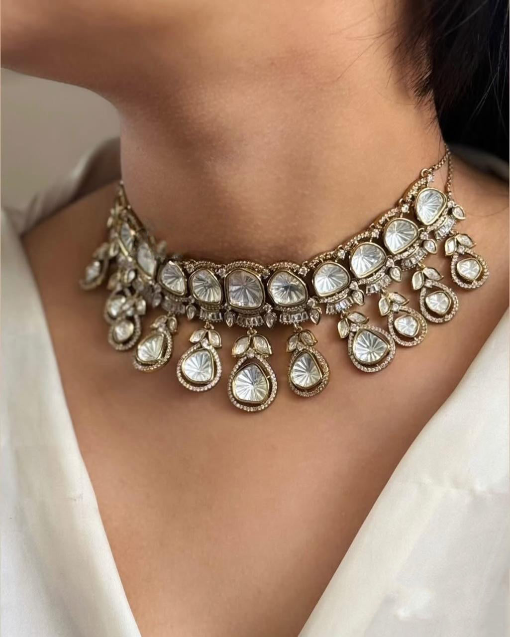 Wedding Silver Tone Floral Polki Choker Earring Set