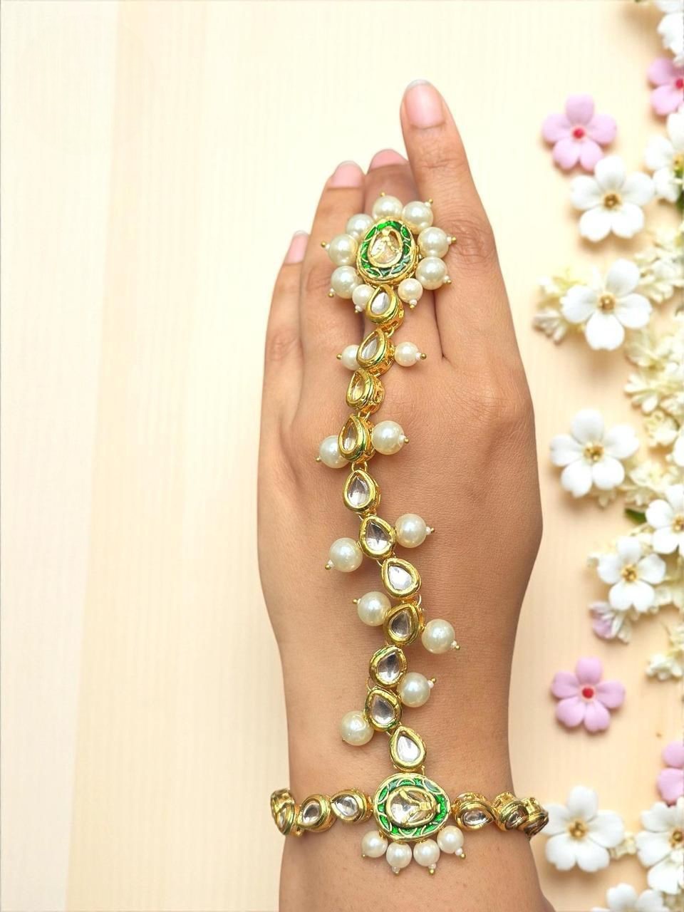 Pearl & Kundan Haathphool with Green Meenakari | Indian Jewellery | Bridal Haathphool Jewelry Indian Haathphool Set