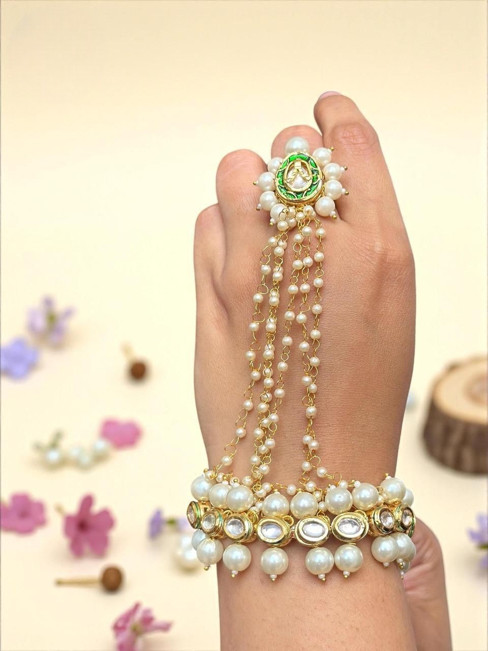 Pearl Kundan Hand Harness Bracelet | Indian Jewellery | Bridal Haathphool Jewelry Indian Haathphool Set