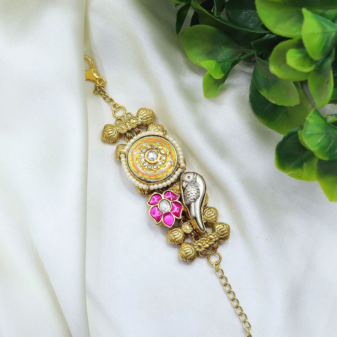 Bird Design Gold Plated Bracelet with Kundan & Pink Stone Detailing – Ethnic Jewelry