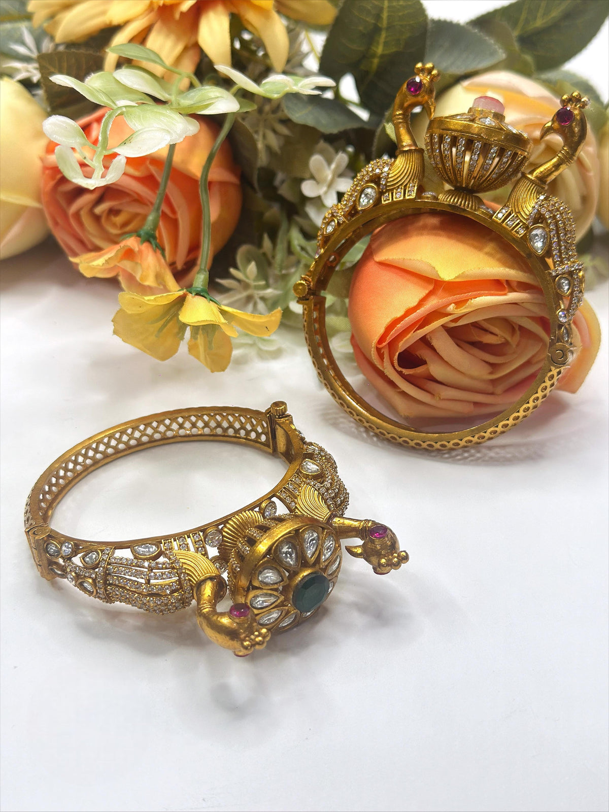 Traditional Gold-Plated Temple Kada Bangles with Pink & Kundan Stones – Bridal Jewelry