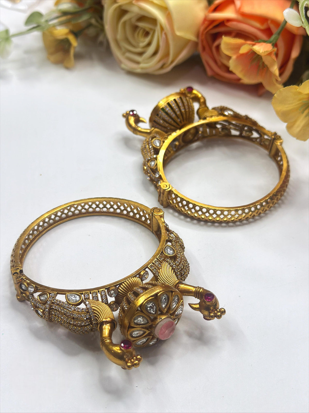 Traditional Gold-Plated Temple Kada Bangles with Pink & Kundan Stones – Bridal Jewelry