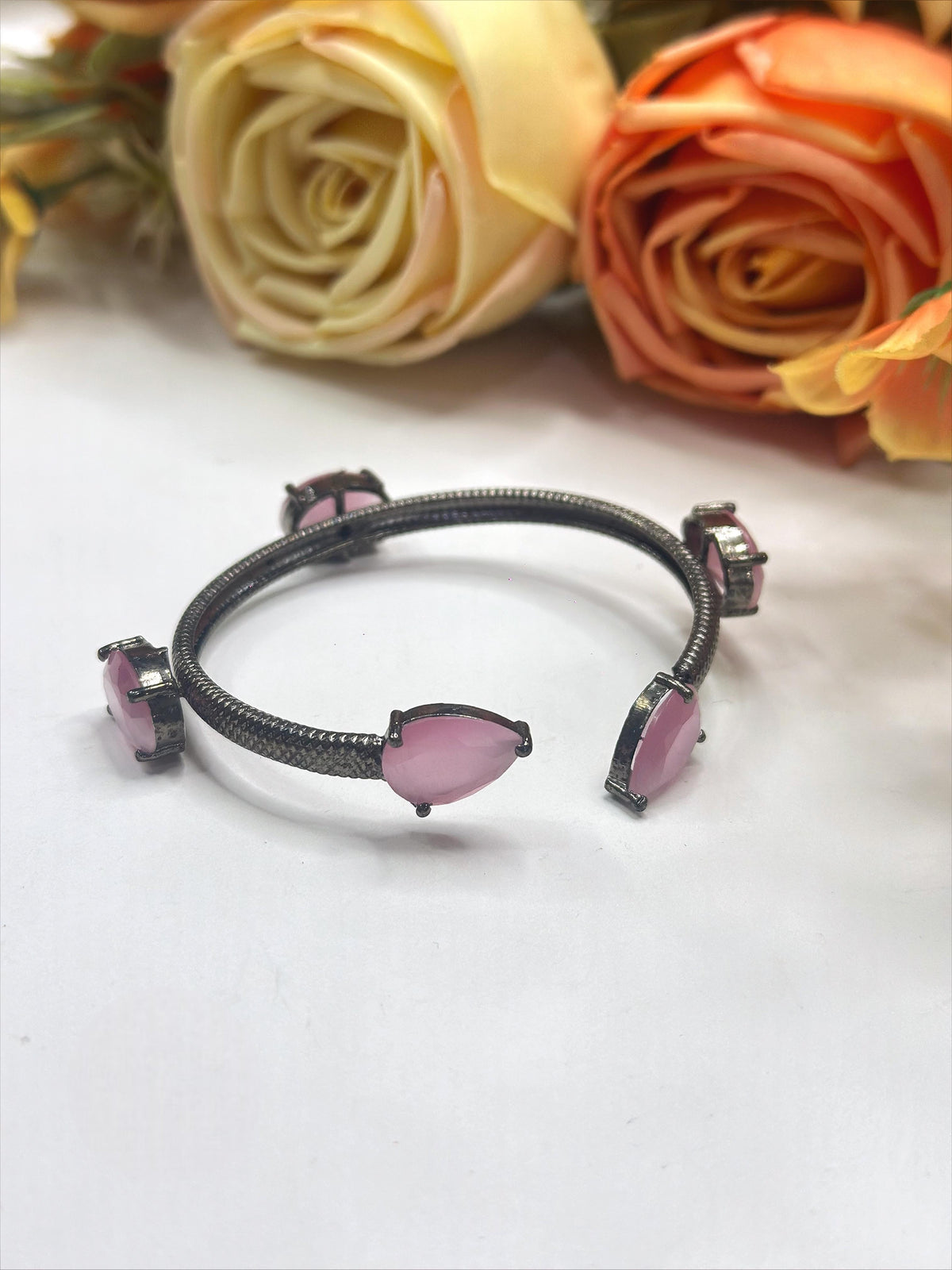 Elegant Black-Plated Open Bangle with Blue Crystal Stones – Modern Fashion Jewelry