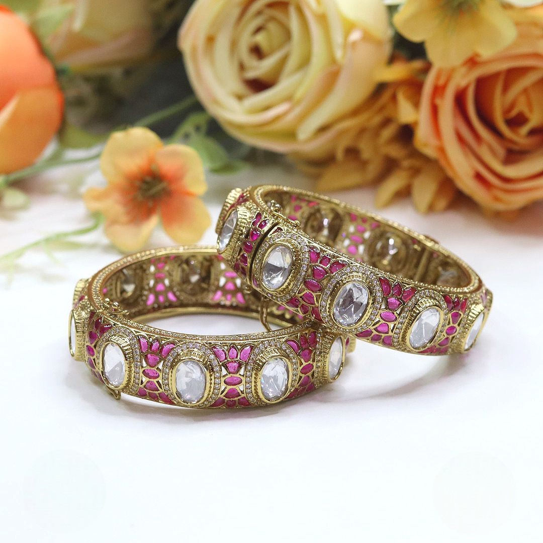 Openable Green Kundan Meenakari Bangles – Gold-Tone Bridal Jewelry Pair