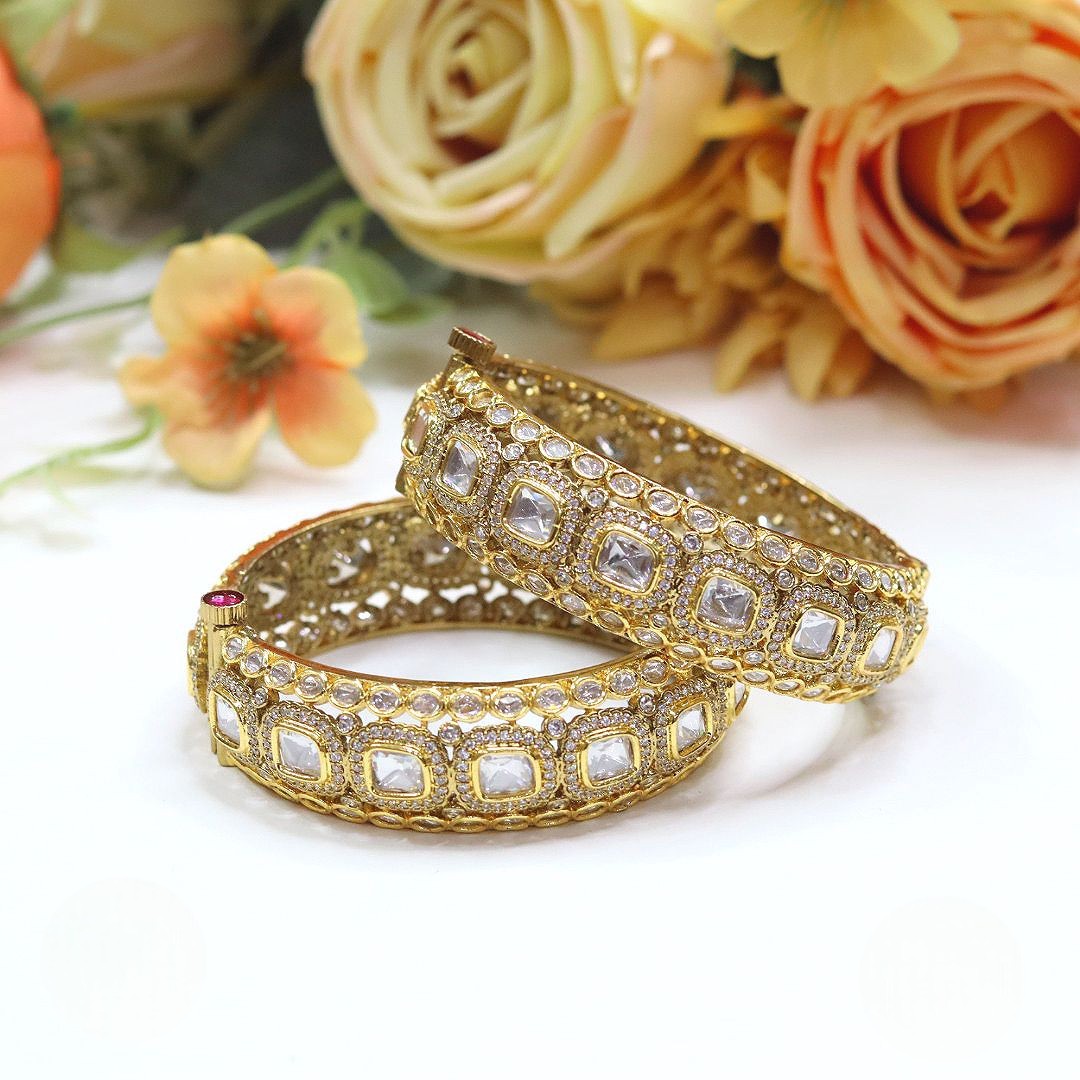 Openable Kundan Gold-Tone Bangles with White Stone Accents – Bridal Jewelry Pair