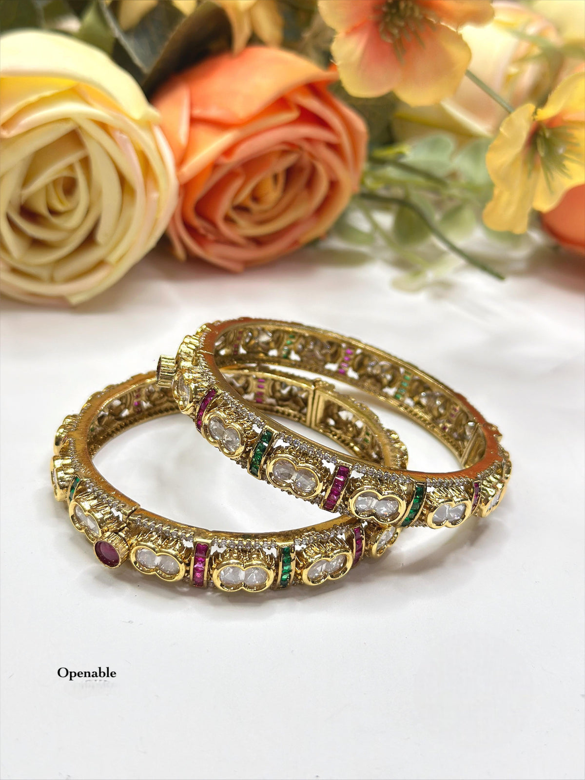 Openable Polki Style Gold-Toned Bangle Kada Set with Ruby and Emerald Accents