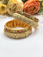 Matte Gold-Toned Openable Kada Bangle Set with Faux Pearls and Ruby Accents