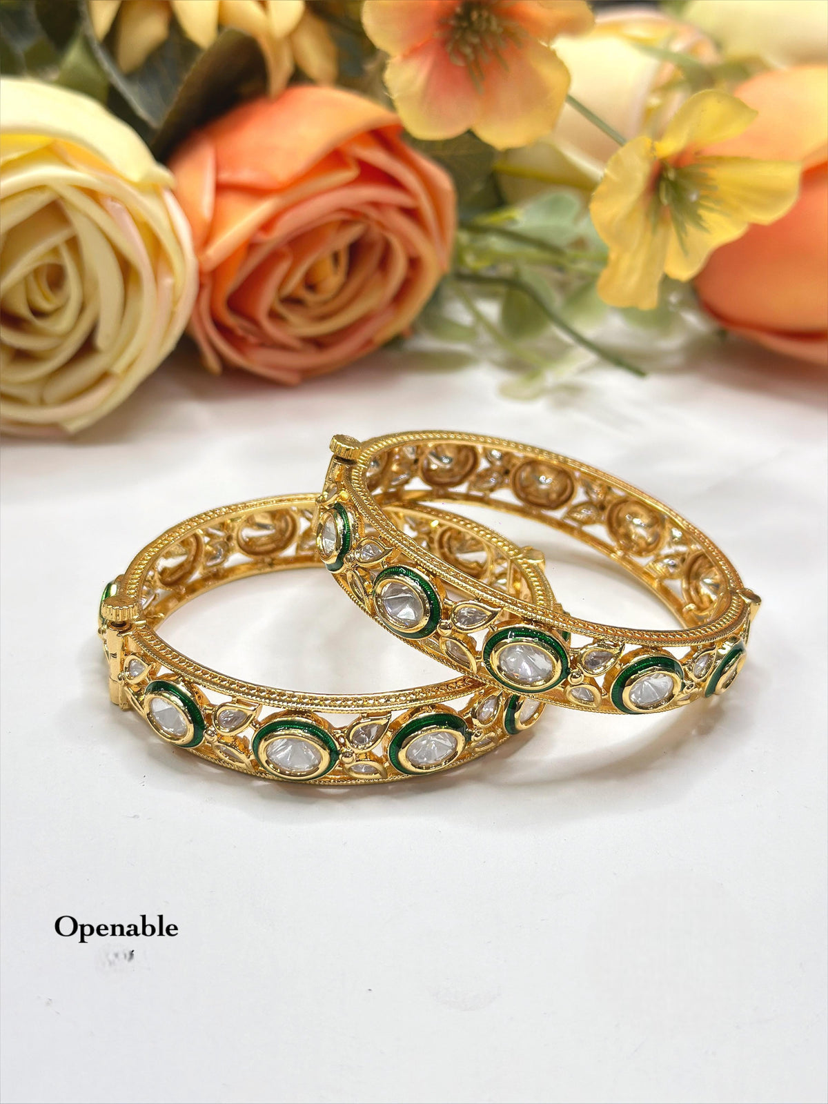 Elegant Openable Polki & Meenakari Bangles (Green & Gold)