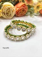 Openable Polki Style Bangle Set with Green Meenakari Enamel and Pearl Accents