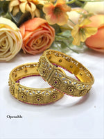 Openable Antique Gold-Toned Polki Bangle Kada Set with Ruby Floral Motifs