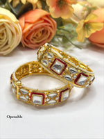 Openable Gold-Toned Polki Style Bangle Set with Red Meenakari Enamel & Pearl Detailing