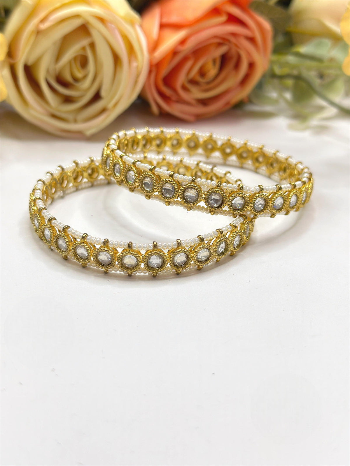 Openable Gold-Toned Polki Style Bangle Set with Faux Pearl Edging