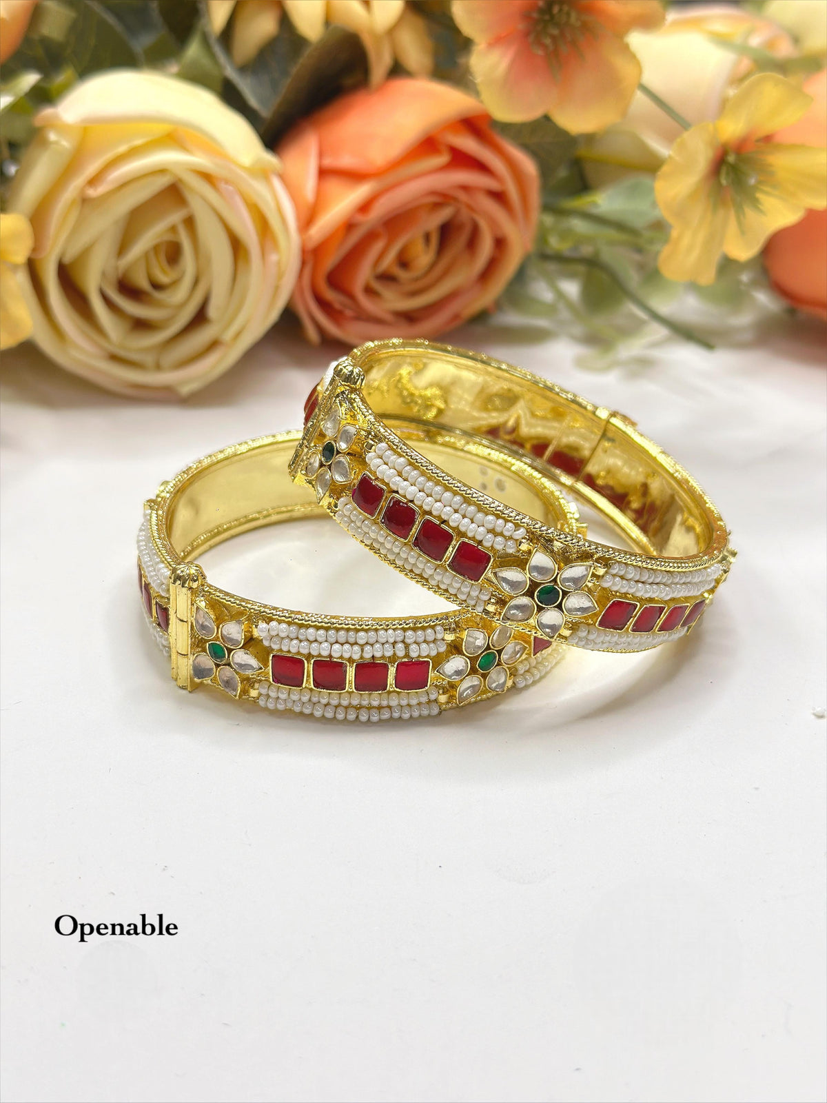Openable Gold-Toned Kada Bangle Set with Red Stone, Pearl, and Polki Accents