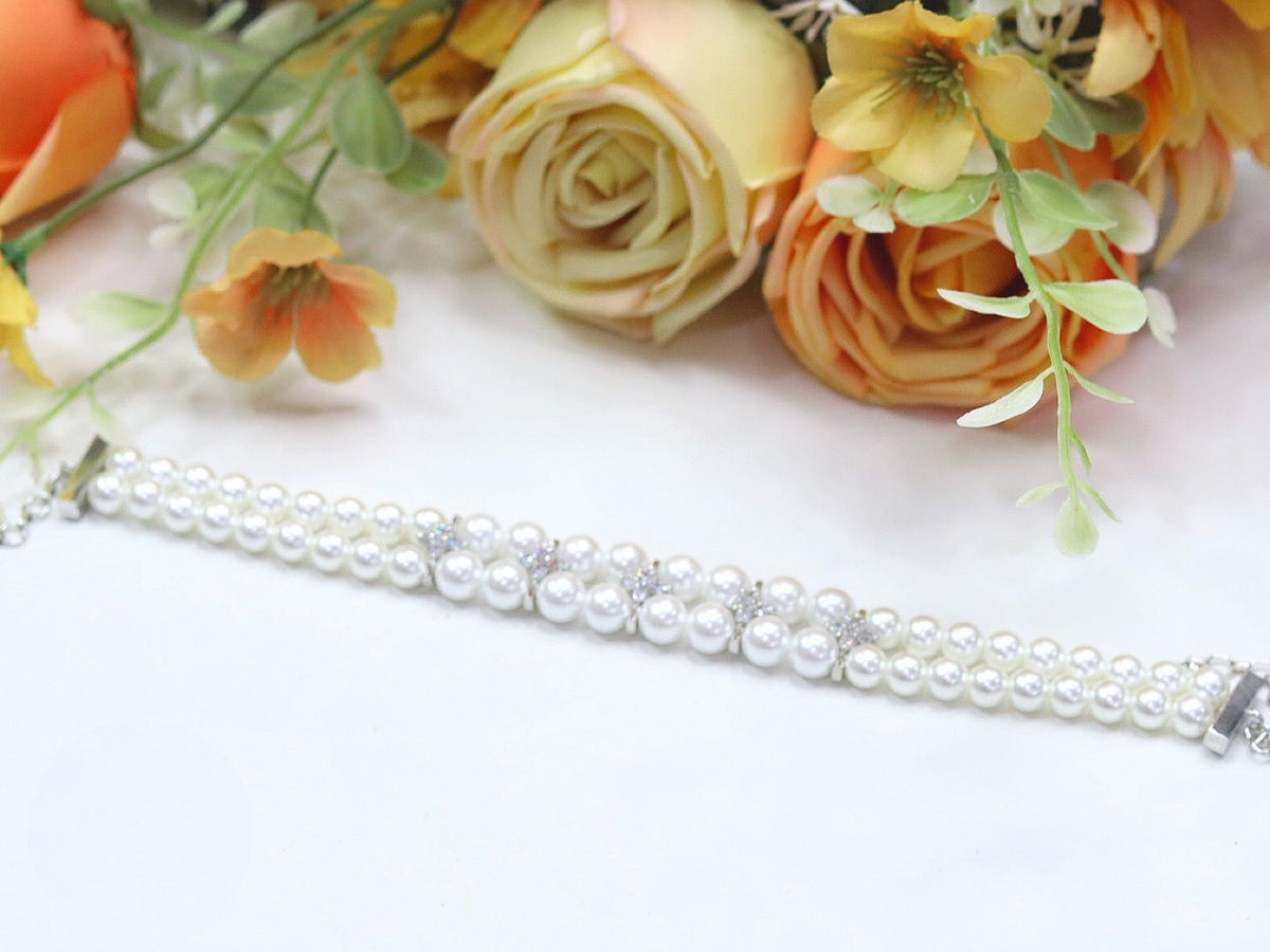 Elegant Double-Strand Pearl Bracelet with Crystal Accents